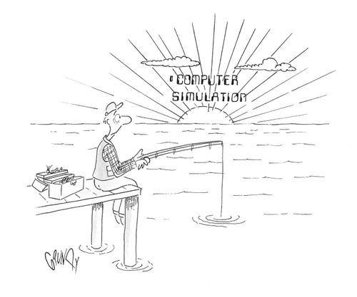 Fisherman sitting on dock sees computer simulated sunrise.