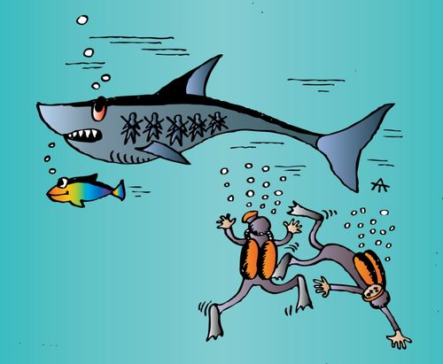 Shark has tattoos of the divers he has eaten/attacked.
