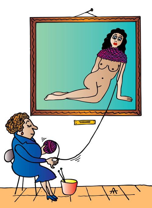 Woman knits a jumper for nude artwork.
