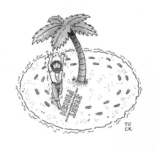 A man runs a race on a tiny desert island.