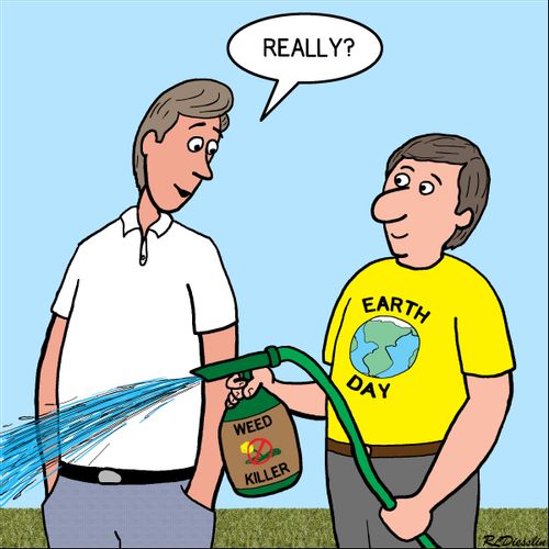 A man celebrates Earth Day while using weed killer.