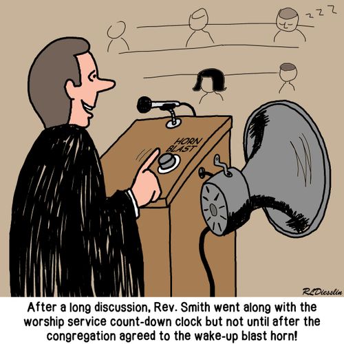After a long discussion, Rev. Smith went along with the worship service count-down clock but not until after the congregation agreed to the wake-up blast horn!