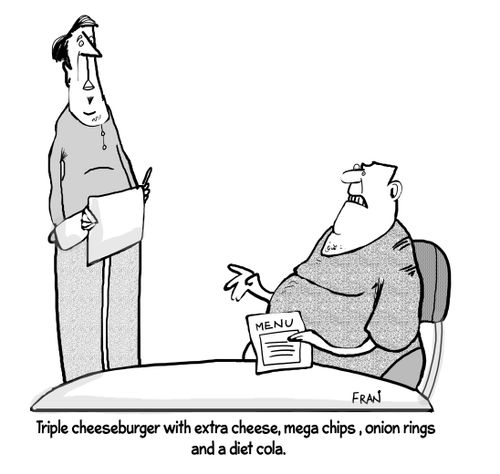 "Triple cheeseburger with extra cheese, mega chips, onion rings and a diet cola."