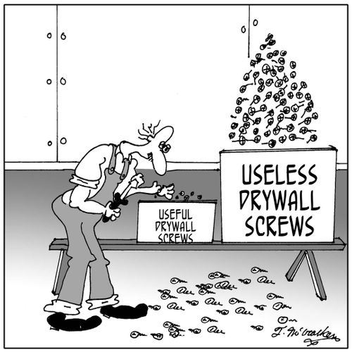  'Useful Drywall Screws' next to a huge box of 'Useless Drywall Screws.'