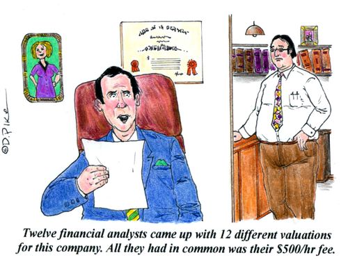 'Twelve financial analysts came up with 12 different valuations for this company. All they had in common was their $500hr fee.'
