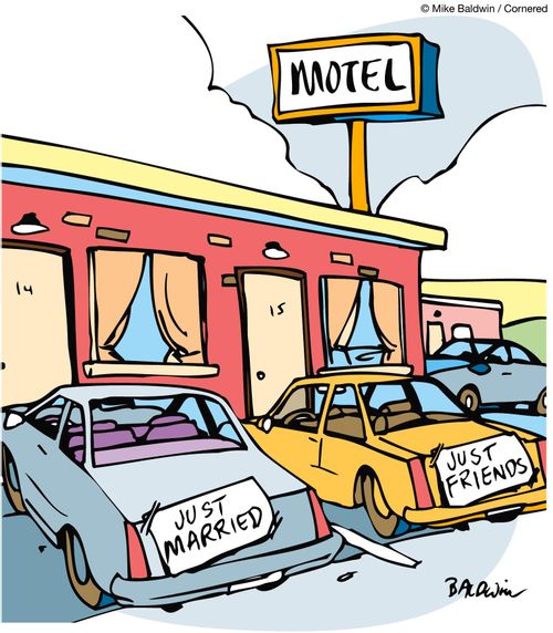 Motel has two cars parked outside, one with 'Just Married' sticker, the other with 'Just Friends'.