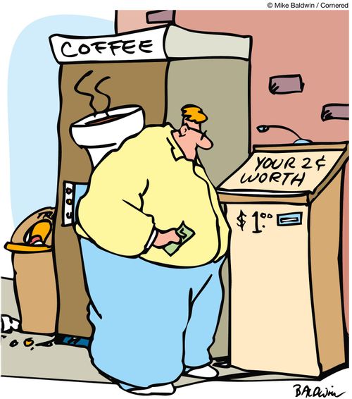 Next to coffee machine is machine offering 'Your 2c worth'.