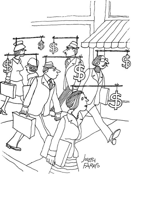 Business men and women walking around following dollar signs.