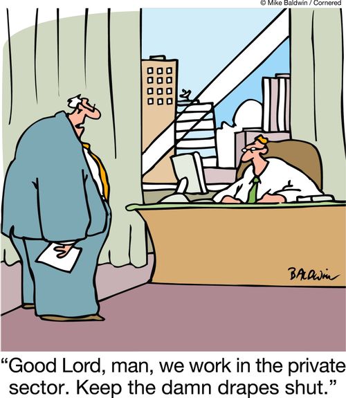 'Good Lord, man, we work in the private sector. Keep the damn drapes shut.'