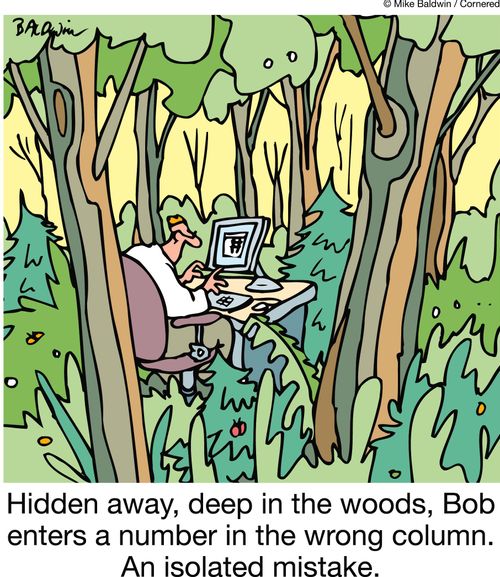 Hidden away, deep in the woods, Bob enters a number in the wrong column. An isolated mistake.