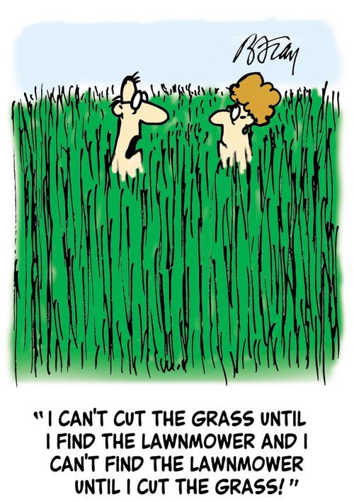 'I can't cut the grass until I find the lawnmower and I can't find the lawnmower until I cut the grass!'