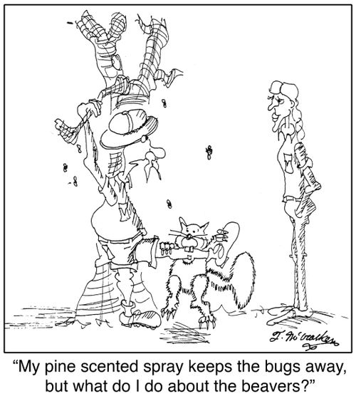 'My pine scented spray keeps the bugs away, but what do I do about the beavers?'