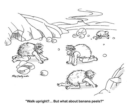 'Walk upright?. . . But what about banana peels?'