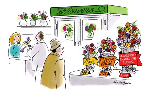 Options for flowers: 'I'm sorry', 'I'm really sorry', 'Please don't change the locks'.'