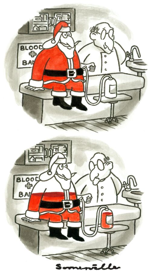 Santa Claus donates blood.