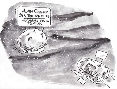 'Alpha centuri: 24 trillion miles - Wormhole route: 76 miles.