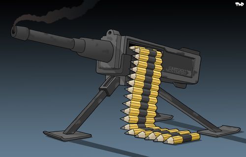 Machine gun loaded with pencils is labelled 'Cartoon Movement'.