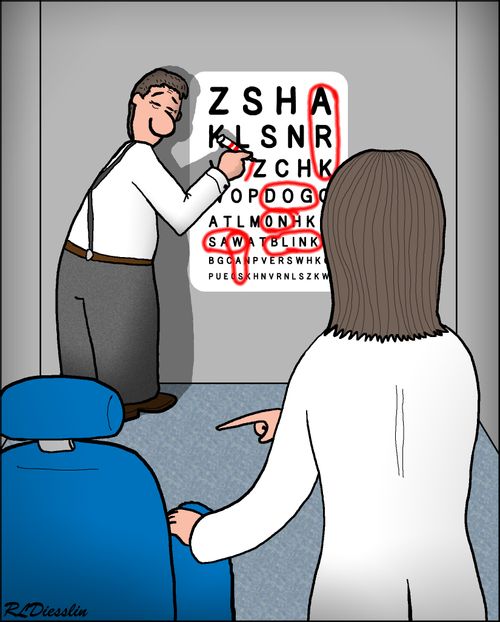 Man uses his eye-doctor's chart for a word-search.