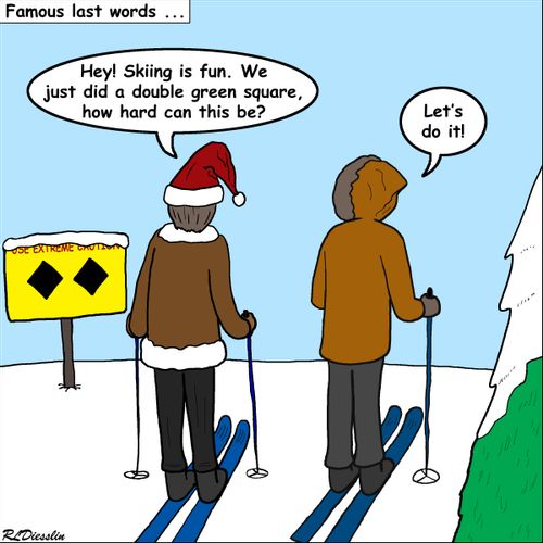 "Hey! Skiing is fun. We just did a double green square, how hard can this be?"
