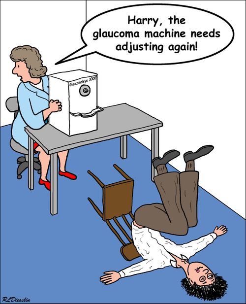 "Harry, the glaucoma machine needs adjusting again!"