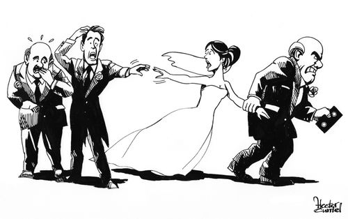 Father drags the bride away from from the groom while holding a tape.