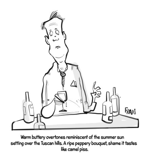 "Warm buttery overtones reminiscent of the summer sun setting over the Tuscan hills. A reipe peppery bouquet, shame it tastes like camel piss."