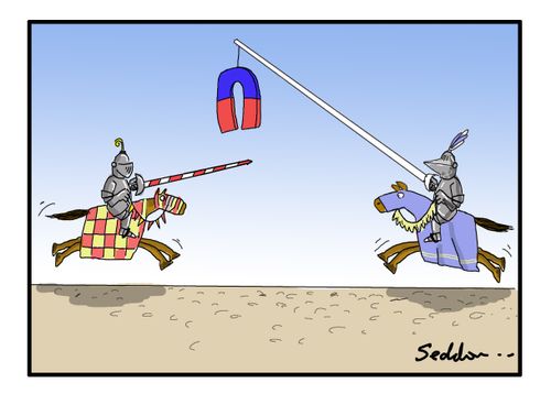 Knight jousting using a magnet.