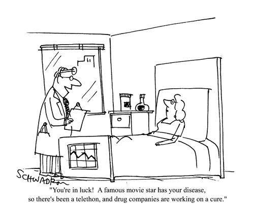'You're in luck!  A famous movie star has your disease, so there's been a telethon, and drug companies are working on a cure.'