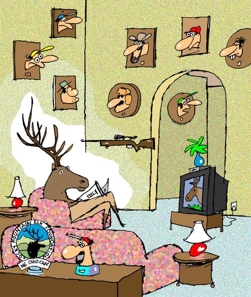 Deer sitting in house surrounded by mounted human heads.