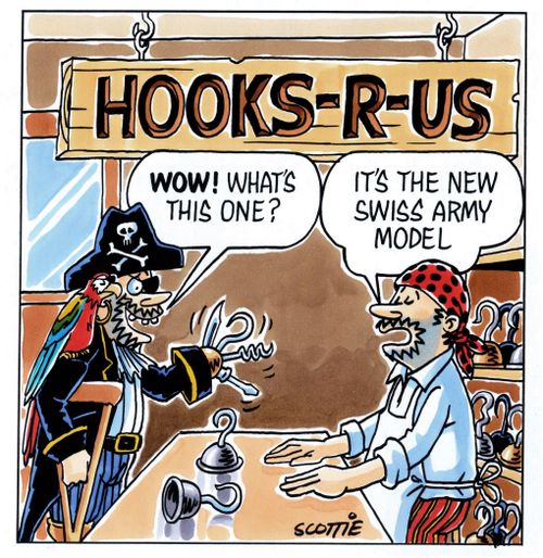 Pirate: 'Wow! what's this one?' Assistant: 'It's the new Swiss army model.'