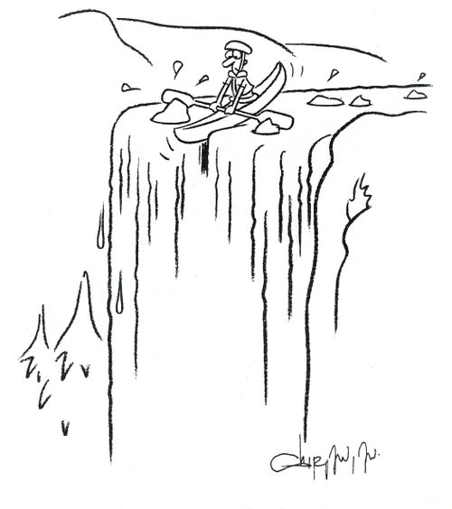 canoeist on the edge of a waterfall, stopping himself falling with his oar.