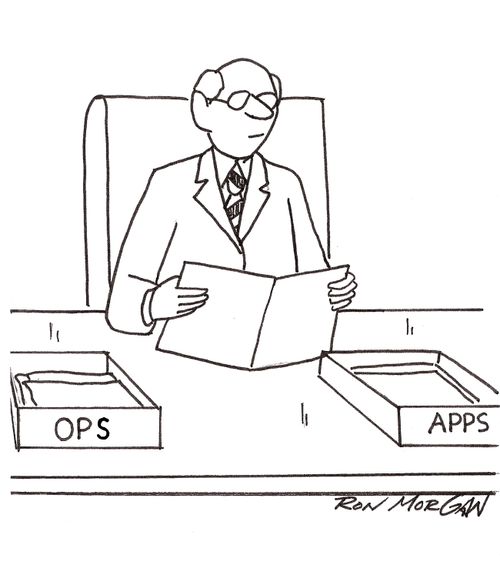 Businessman has in/out boxes labeled 'OPS' and APPS.'