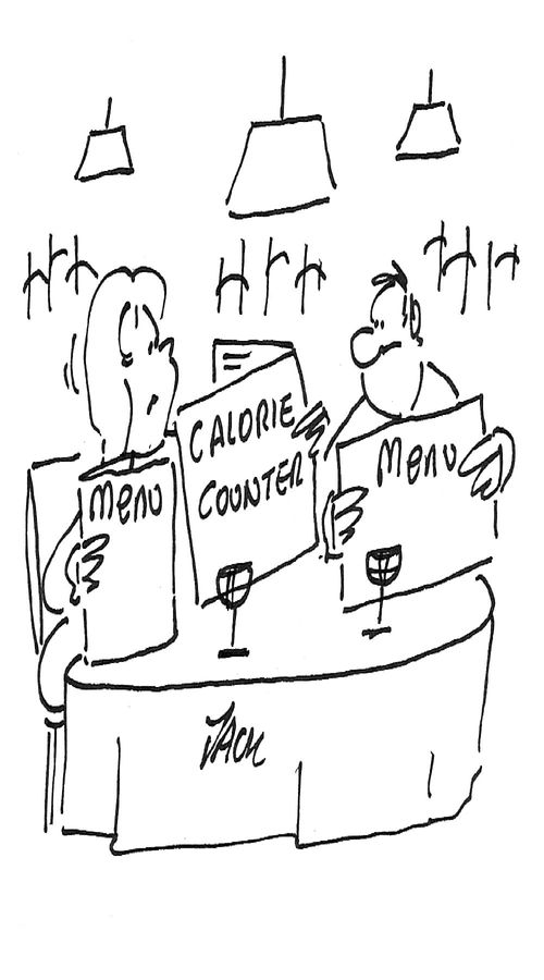 Woman in Restaurant has Menu and Calorie Counter.