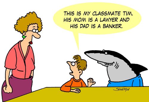 'This is my classmate Tim. His mom is a lawyer and his dad is a banker.'