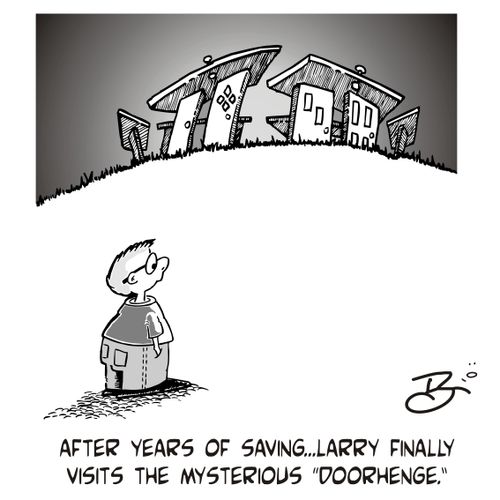 After years of saving...Larry finally visits the mysterious 'Doorhenge'.