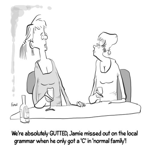 "We're absolutely gutted, Jamie missed out on the local grammar when he only got a 'C' in 'normal family'!"