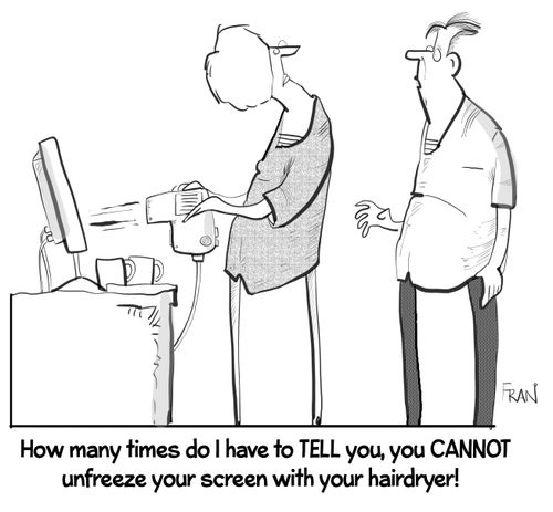 "How many times do I tell you, you CANNOT unfreeze your screen with your hairdryer!"
