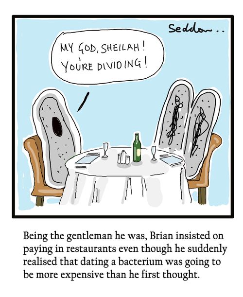 Being the gentleman he was, Brian insisted on paying in restaurants even though he suddenly  realised that dating a bacterium was going to be more expensive than he first thought. 
