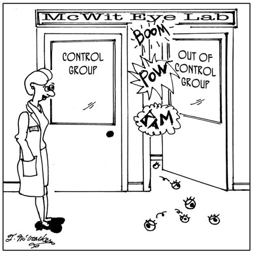 At the McWit Eye Labs are two doors, 'Control Group' and 'Out of Control Group.' 