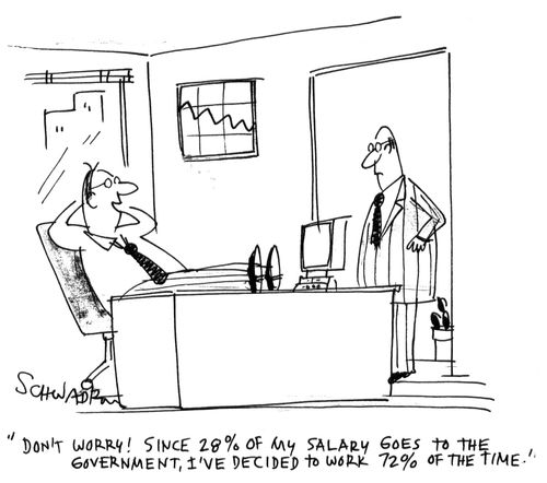 'Don't worry! Since 28% of my salary goes to the government, I've decided to work 72% of the time!'