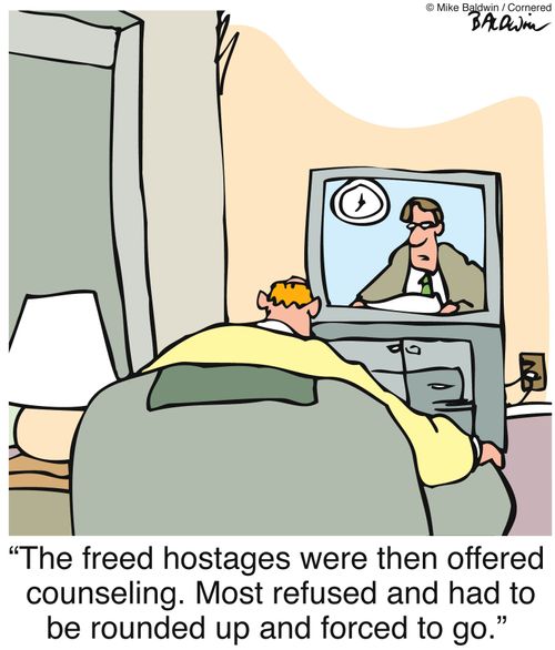 "The freed hostages were then offered  counseling. Most refused and had to be rounded up and forced to go."