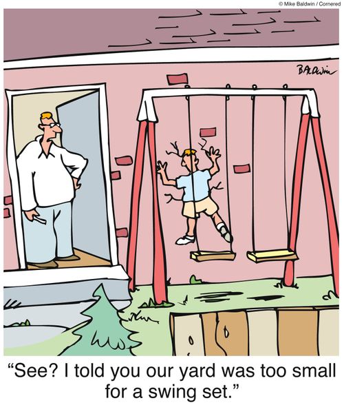 "See? I told you our yard was too small for a swing set."