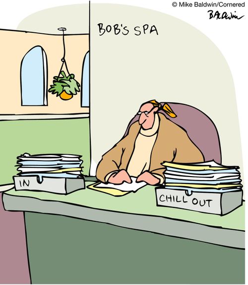 Health spa workers desk tray: In / Chill out.