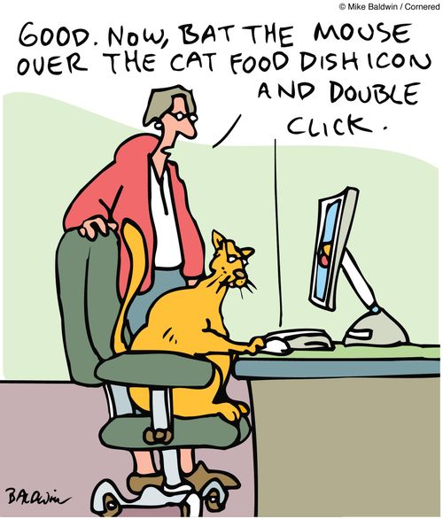 'Now drag the mouse over the cat food dish icon and double click.'