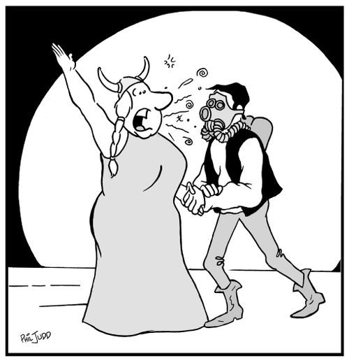 Opera singer singing to her partner who is wearing a gas mask on due to her bad breath.