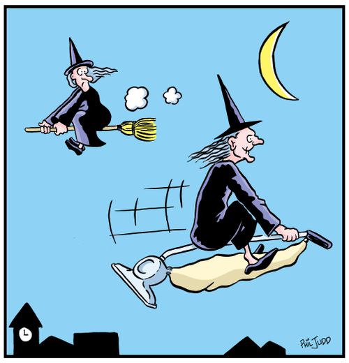 Witch riding a vacuum instead of a broom.