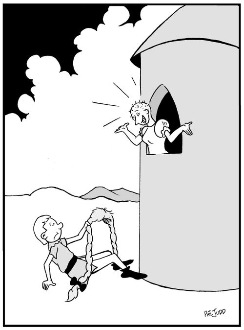 Prince trying to climb to Rapunzel. Has a wig in his hands.
