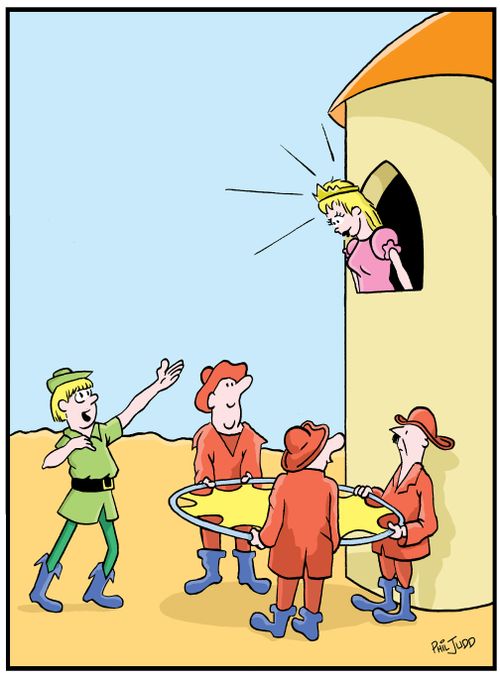 Fireman in place of prince rescuing a Princess from a tower with a net.