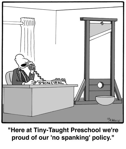 'Here at Tiny Taught Preschool we're very proud of our 'no spanking' policy.'