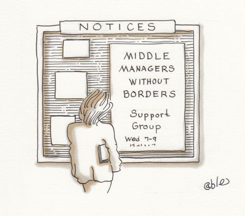 Woman looking at notice on bulletin board: 'Middle Managers without Borders Support Group.'